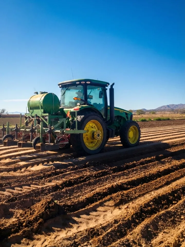 Green farm tractor beside a Hatch chile field