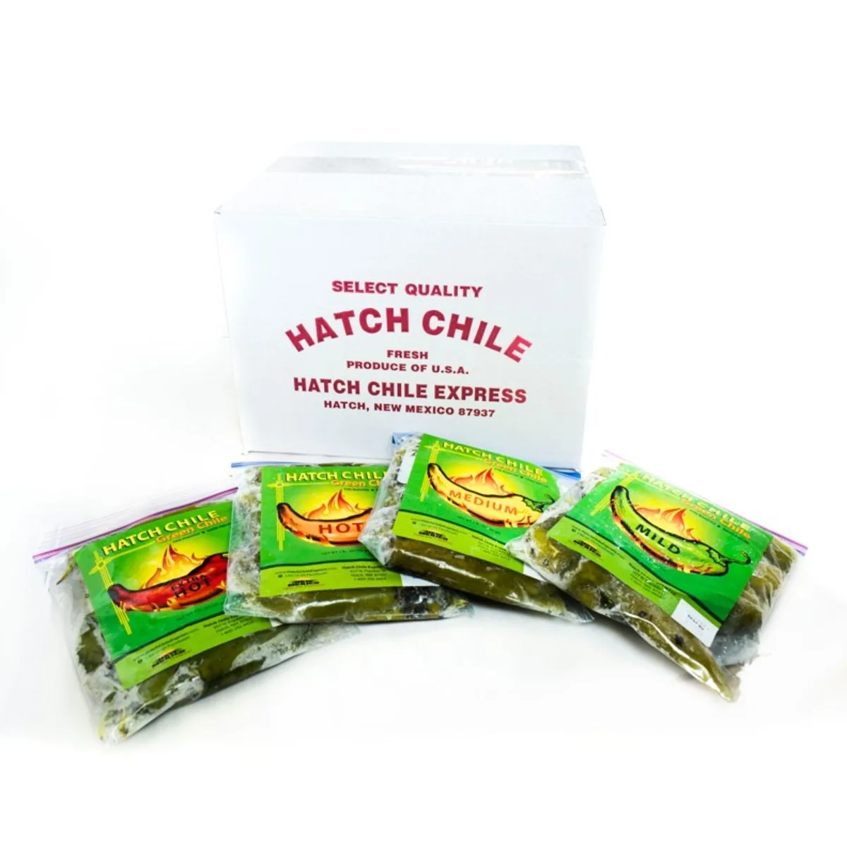 Packages of whole frozen Hatch green chile