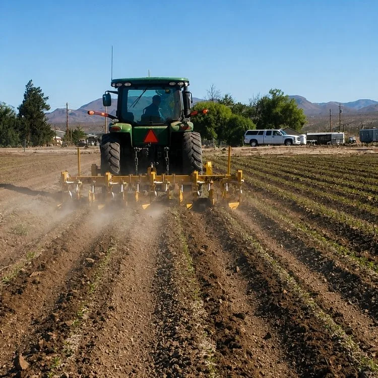 Tractor cultivating rows in a Hatch chile field